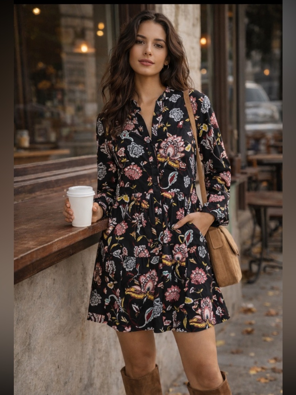Loft Outlet Black Floral Print Button Long Sleeve Mini Dress Women’s  0